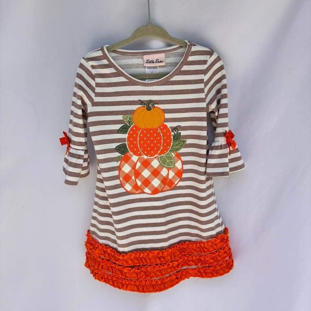 Little Lass Girls 2T Brown White Striped Pumpkin Ruffle Dress Fall Thanksgiving